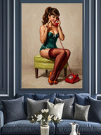 Kırmızı Telefonlu Yeşil Kıyafetli Pin-up Kadın Kanvas Tablo