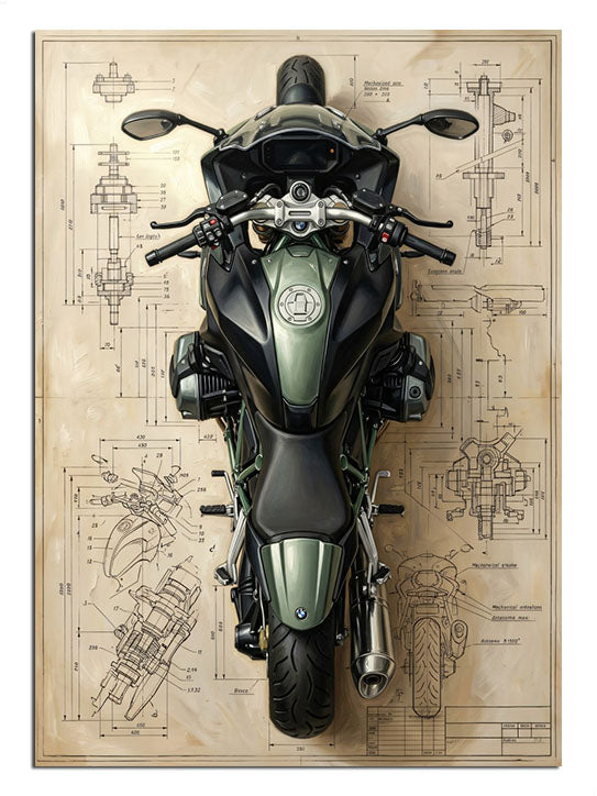 Teknik çizimli motosiklet üstten görünüm