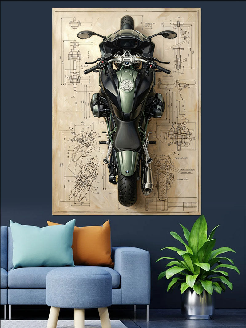 Teknik Çizimli Motosiklet Üstten Görünüm Kanvas Tablo