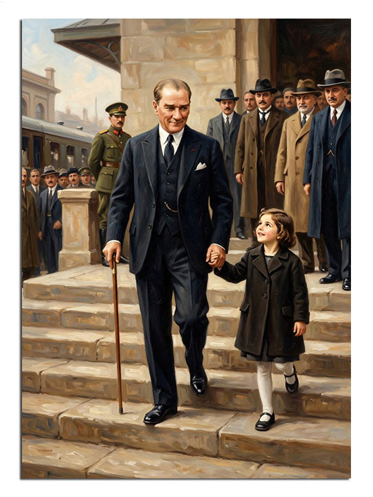 Merdivenlerde el ele yürüyen Atatürk ve kız çocuğu