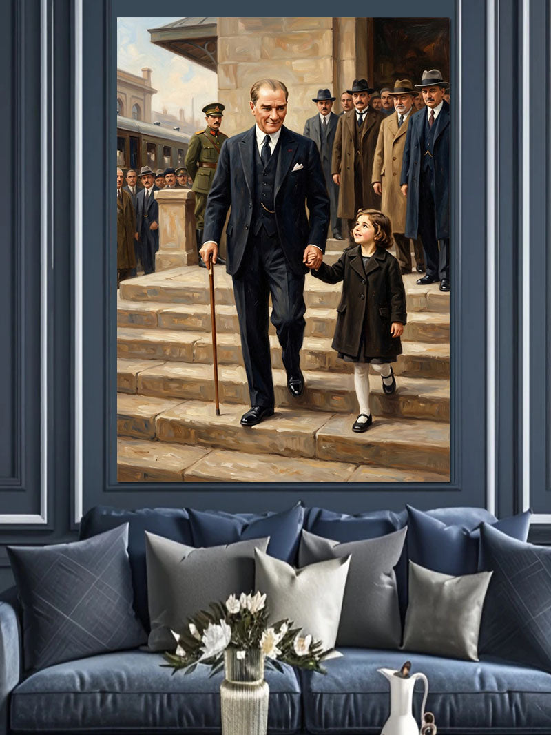 Merdivenlerde El Ele Atatürk ve Kız Çocuğu Kanvas Tablo