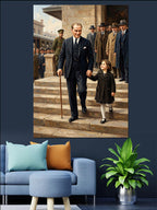 Merdivenlerde El Ele Atatürk ve Kız Çocuğu Kanvas Tablo