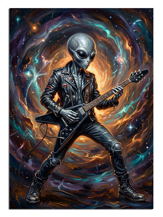 Galaksi fonunda gitar çalan uzaylı rockçı