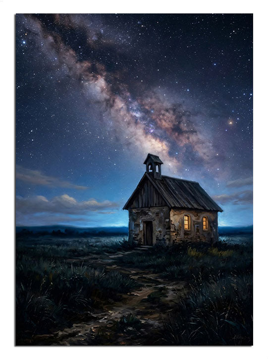 Yıldızlı gece ve samanyolu ve kilise kırda