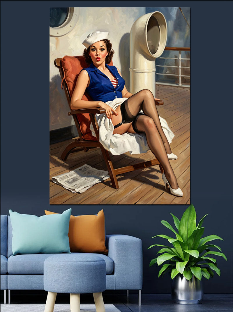 Gemide Şezlongda Oturan Pin-up Denizci Kadın Kanvas Tablo