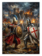 Şövalyeler savaşan ve kale yanan
