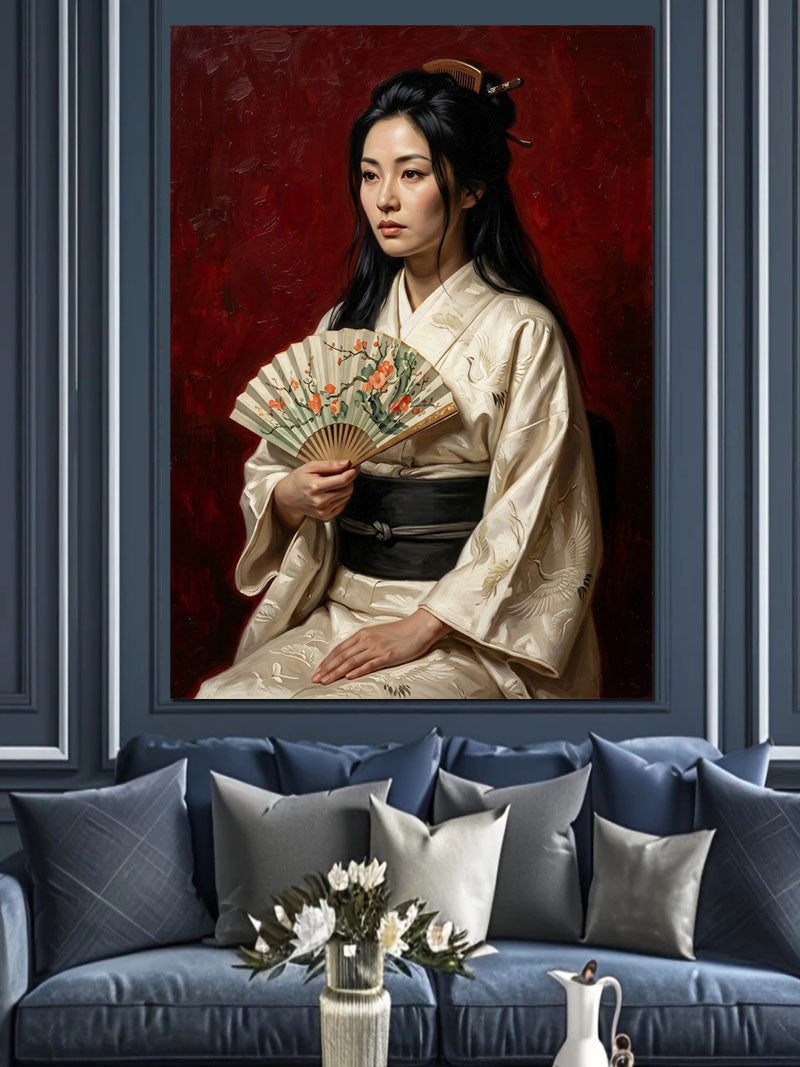 Yelpazeli Beyaz Kimonolu Japon Kadın Kanvas Tablo