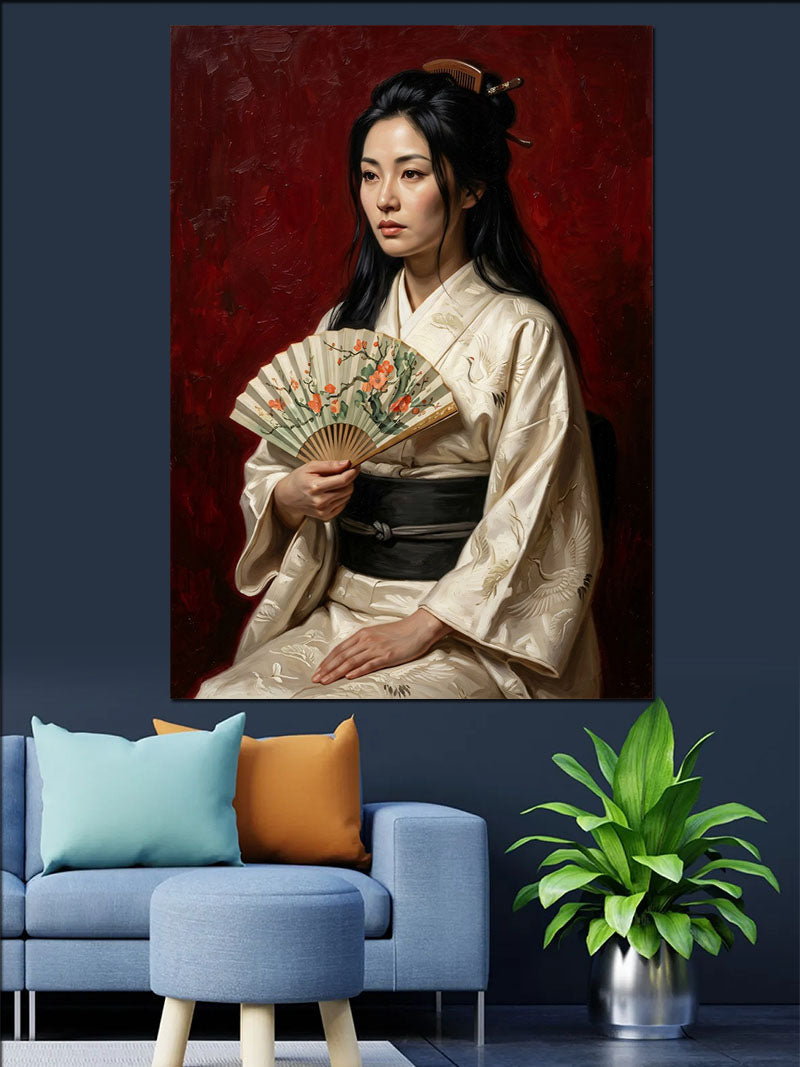 Yelpazeli Beyaz Kimonolu Japon Kadın Kanvas Tablo