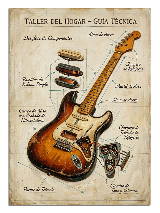 Elektro gitar teknik çizimi ve parçalı poster