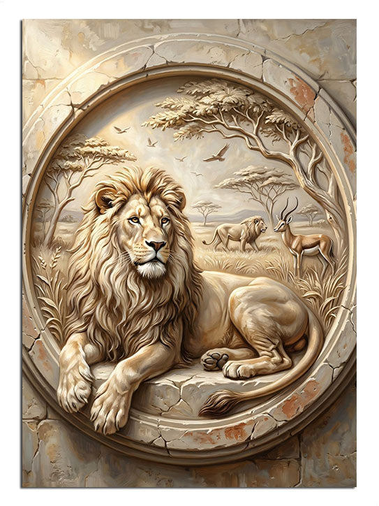 Taş kabartma aslan sürüsü ve ağaçlı daire
