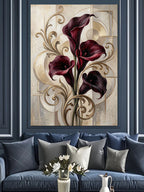 Bordo Calla Zambak Art Deco Desen Kanvas Tablo