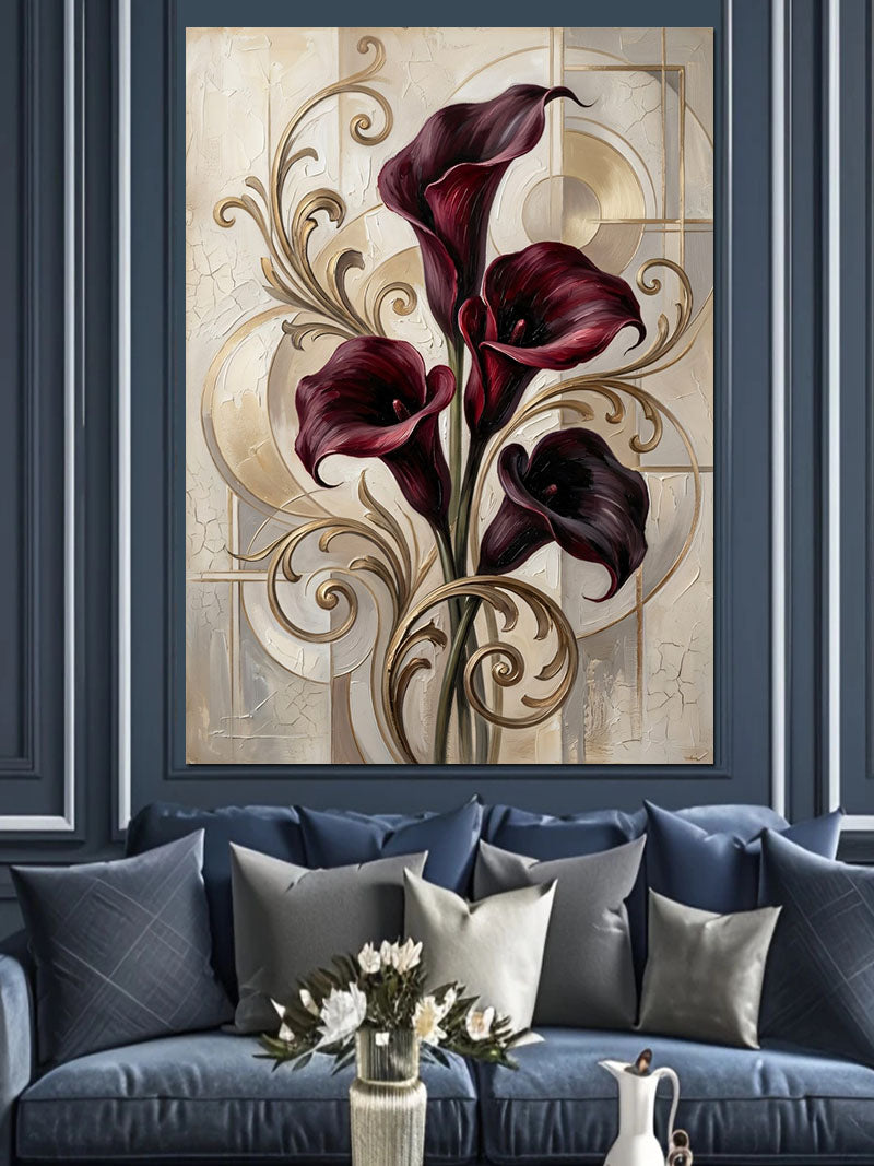 Bordo Calla Zambak Art Deco Desen Kanvas Tablo
