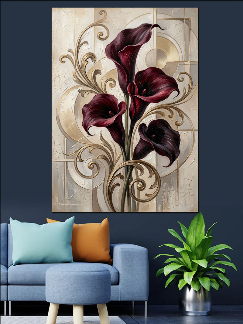 Bordo Calla Zambak Art Deco Desen Kanvas Tablo
