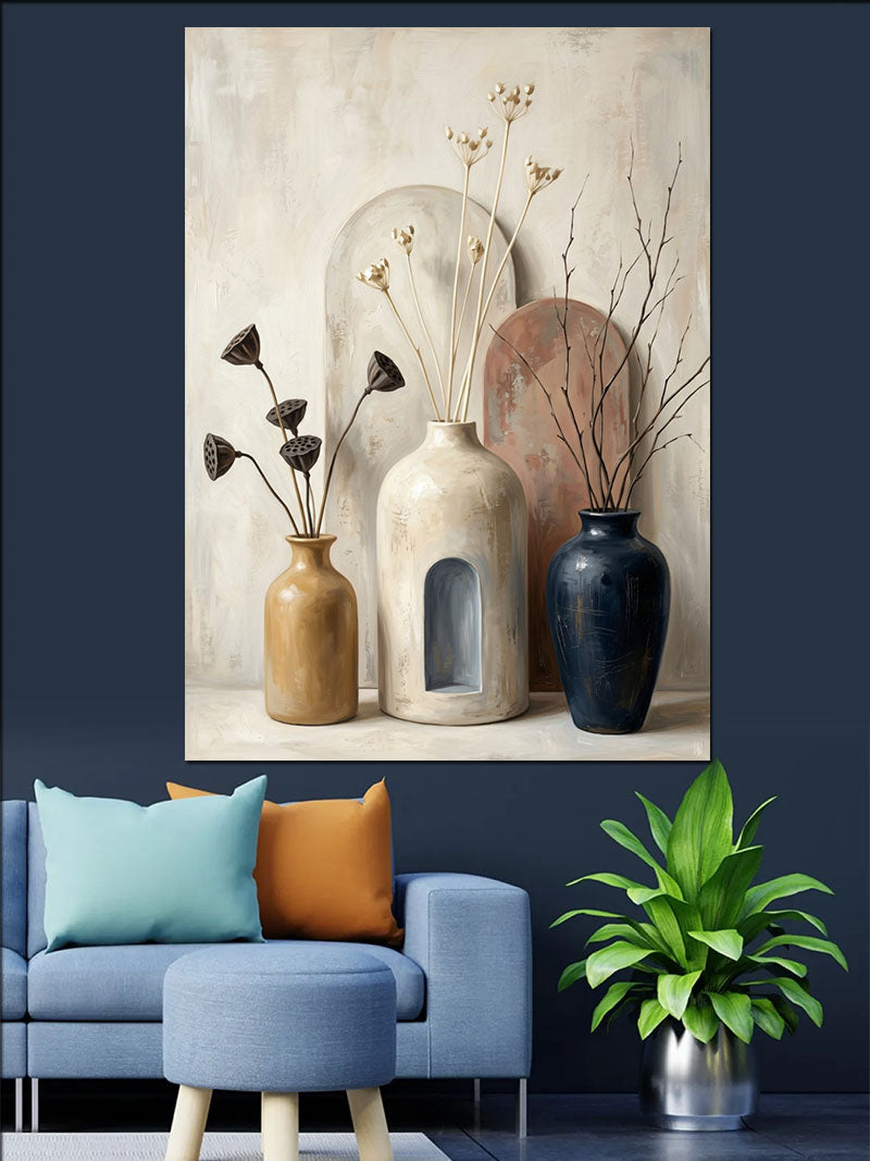 Minimalist Vazo ve Kurutulmuş Çiçekler Üçlü Kanvas Tablo