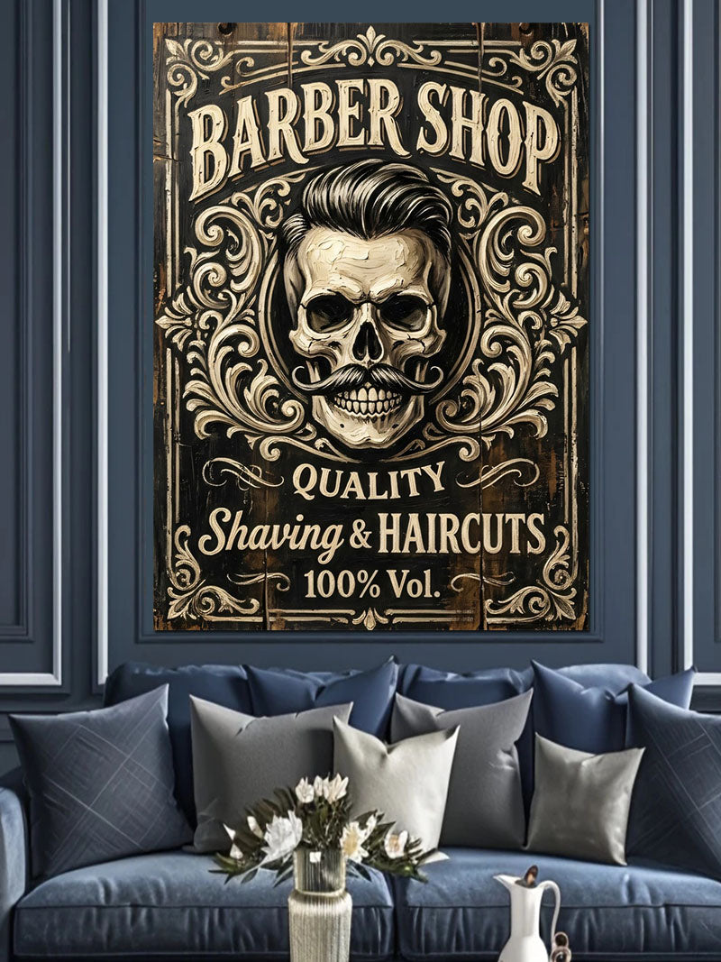 Kurukafalı Barber Shop Tabelası Vintage Kanvas Tablo