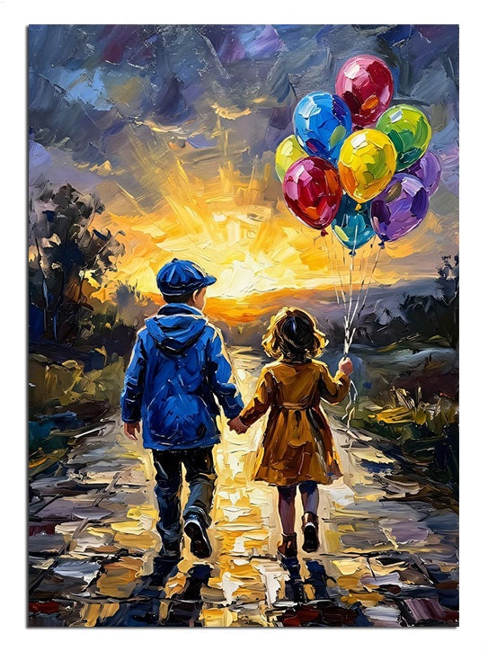 Gün batımında balonlu iki çocuk el ele yürüyen