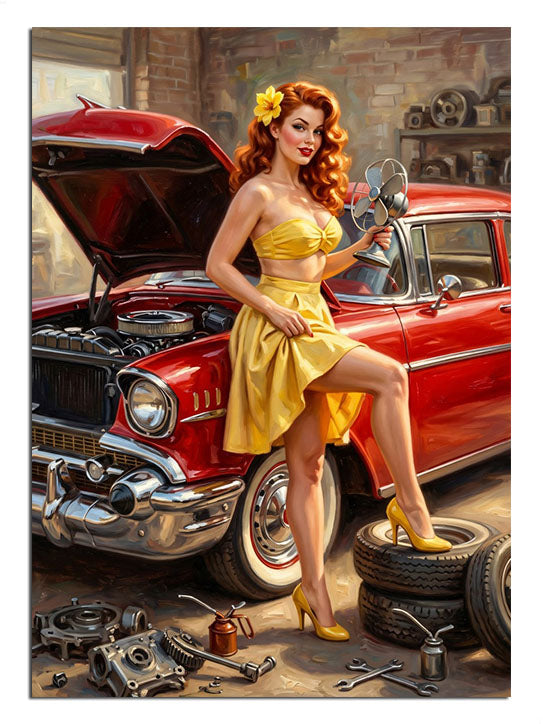 Kırmızı klasik araba ve sarı elbiseli pin-up kadın garajda