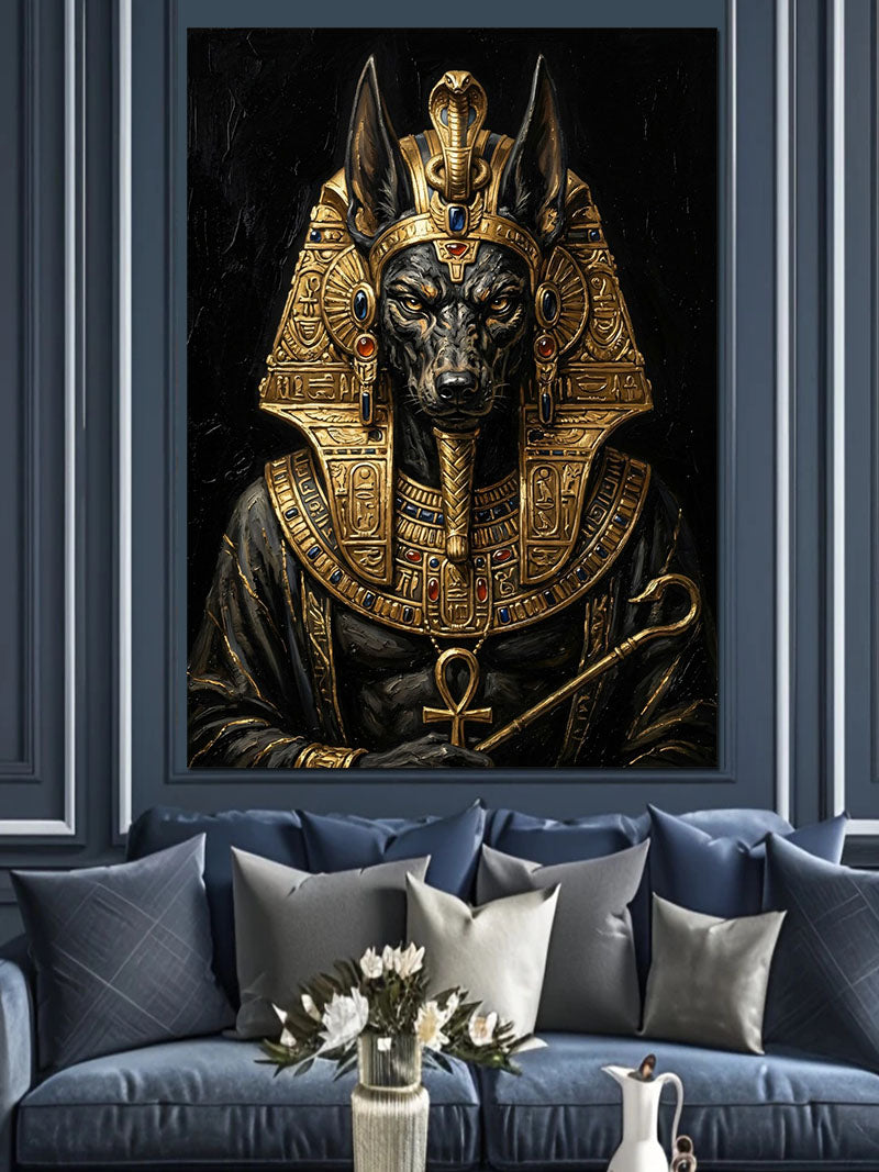 Anubis Tanrısı Siyah Altın Firavun Başlıklı Kanvas Tablo