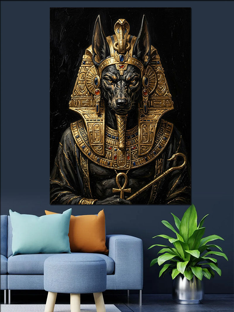 Anubis Tanrısı Siyah Altın Firavun Başlıklı Kanvas Tablo