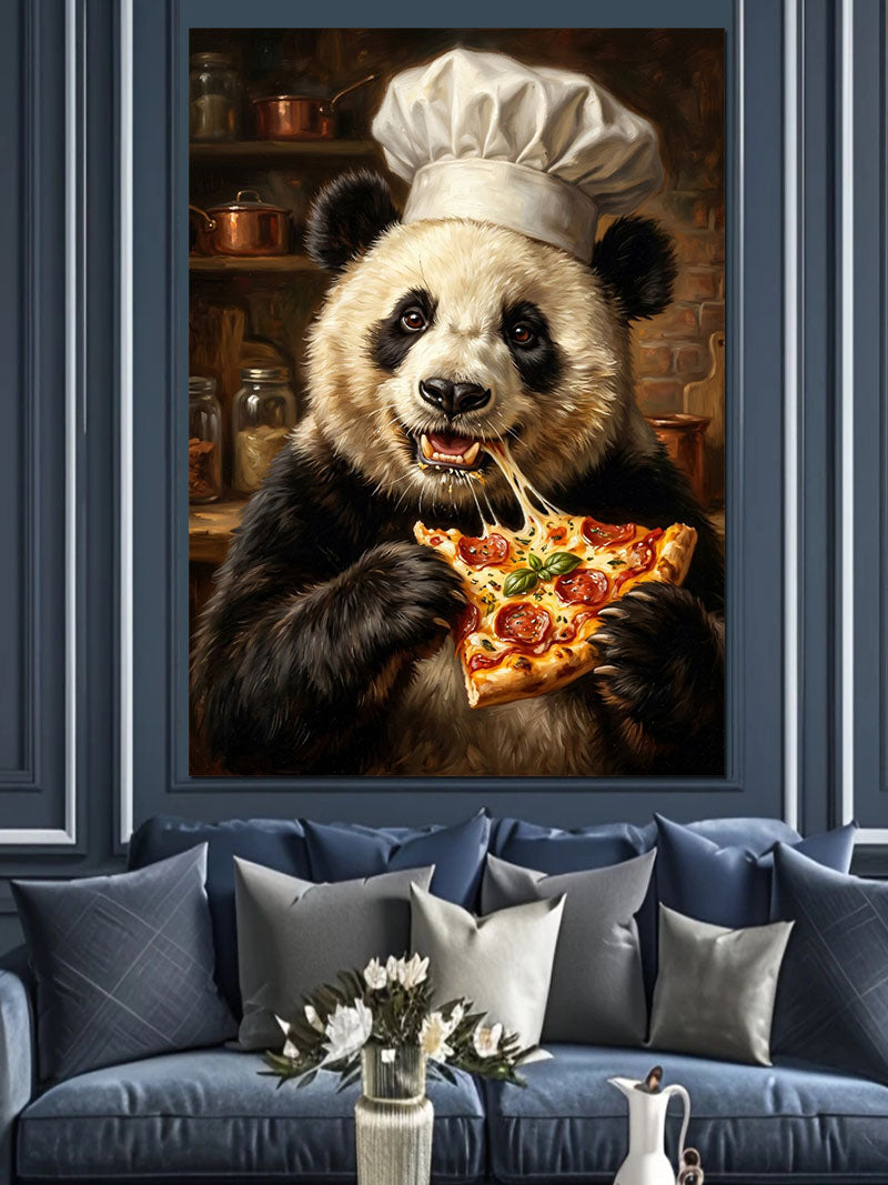 Pizza Yiyen Aşçı Şapkalı Panda Kanvas Tablo