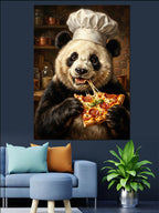 Pizza Yiyen Aşçı Şapkalı Panda Kanvas Tablo