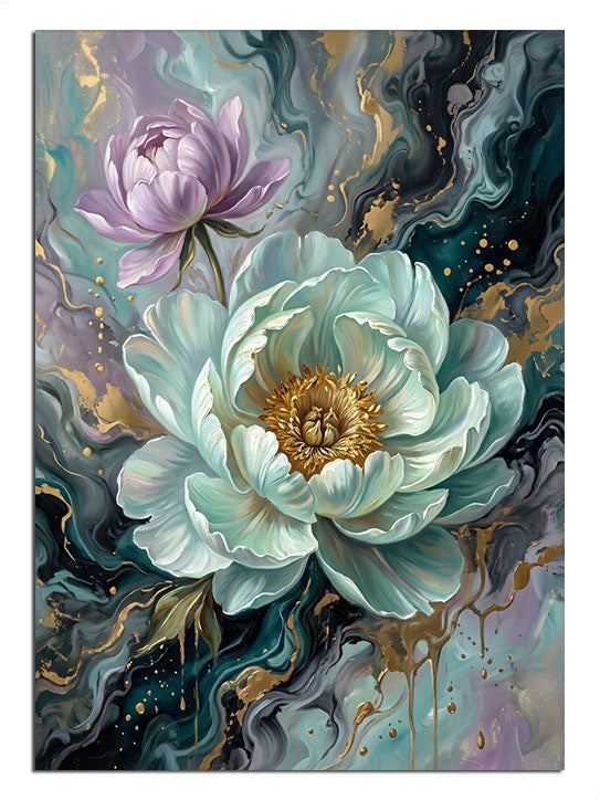 Beyaz lotus ve altın sıvı desenli ve koyu fon