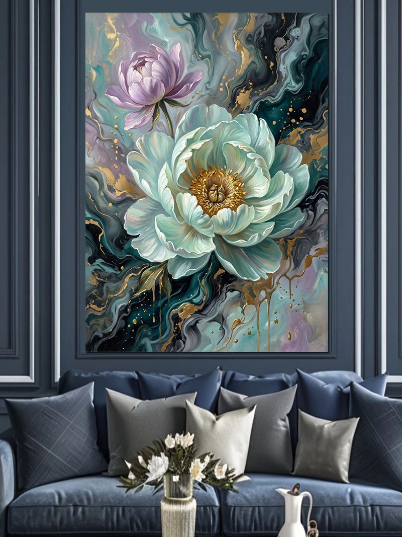 Beyaz Lotus ve Altın Sıvı Desenli Kanvas Tablo