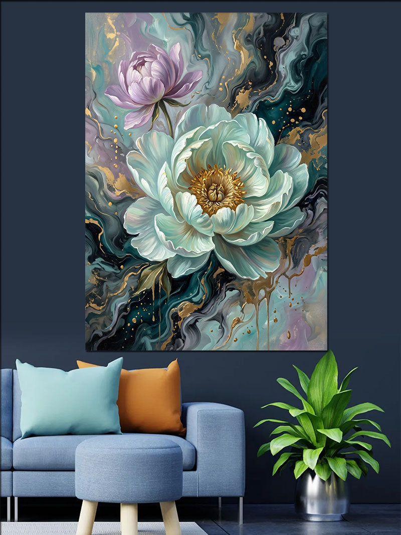 Beyaz Lotus ve Altın Sıvı Desenli Kanvas Tablo