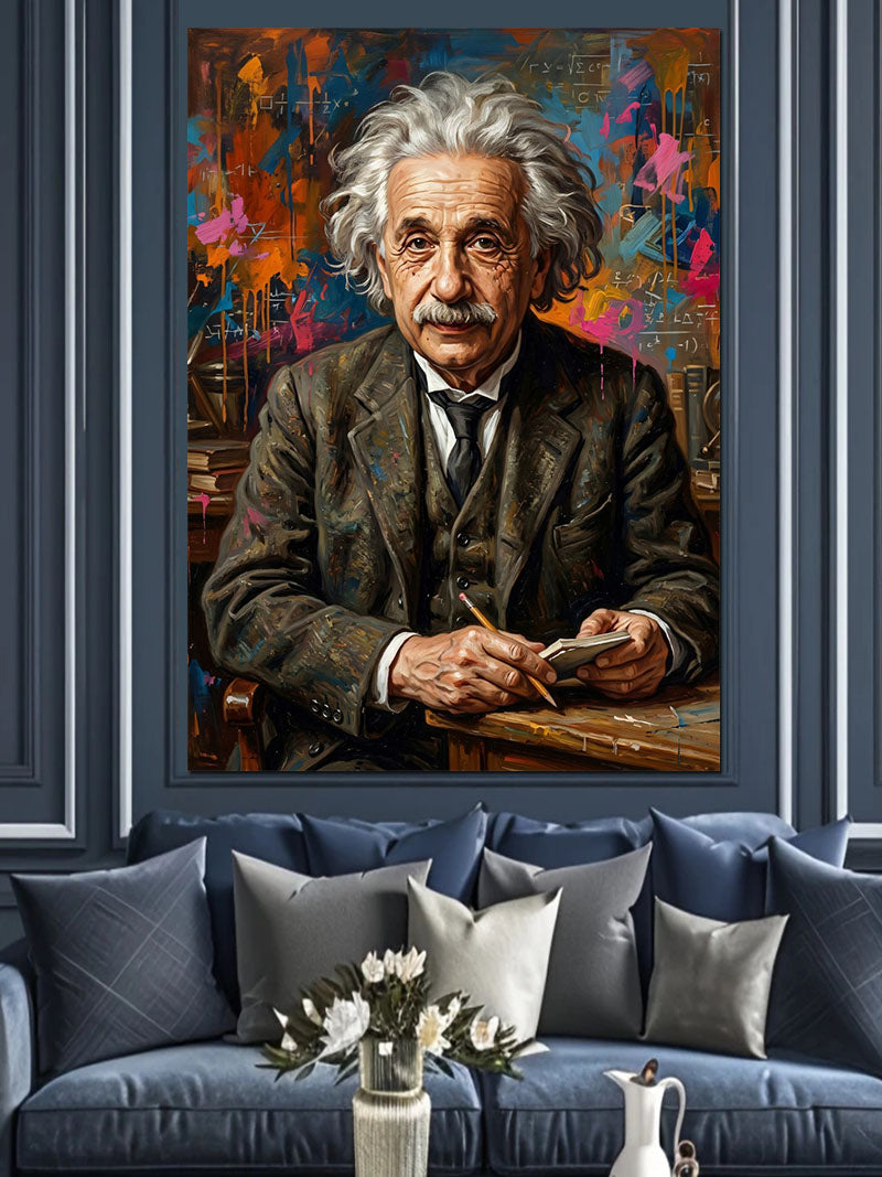 Einstein Portresi Renkli Fırça Darbeli Kanvas Tablo