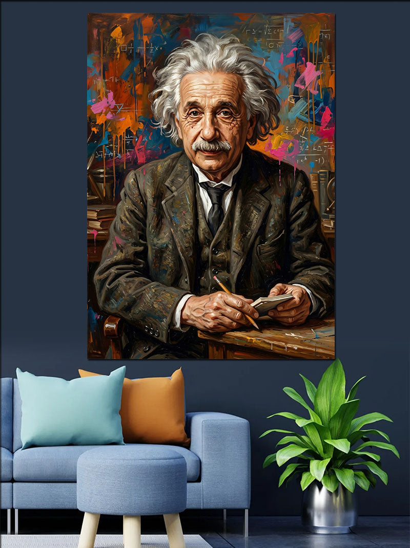 Einstein Portresi Renkli Fırça Darbeli Kanvas Tablo