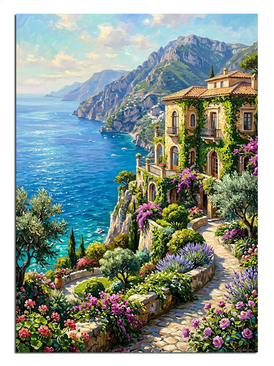 Akdeniz kasabası ve deniz ve çiçekli yokuş ve sarı bina