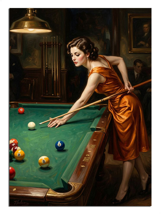 Bilardo oynayan turuncu elbiseli kadın