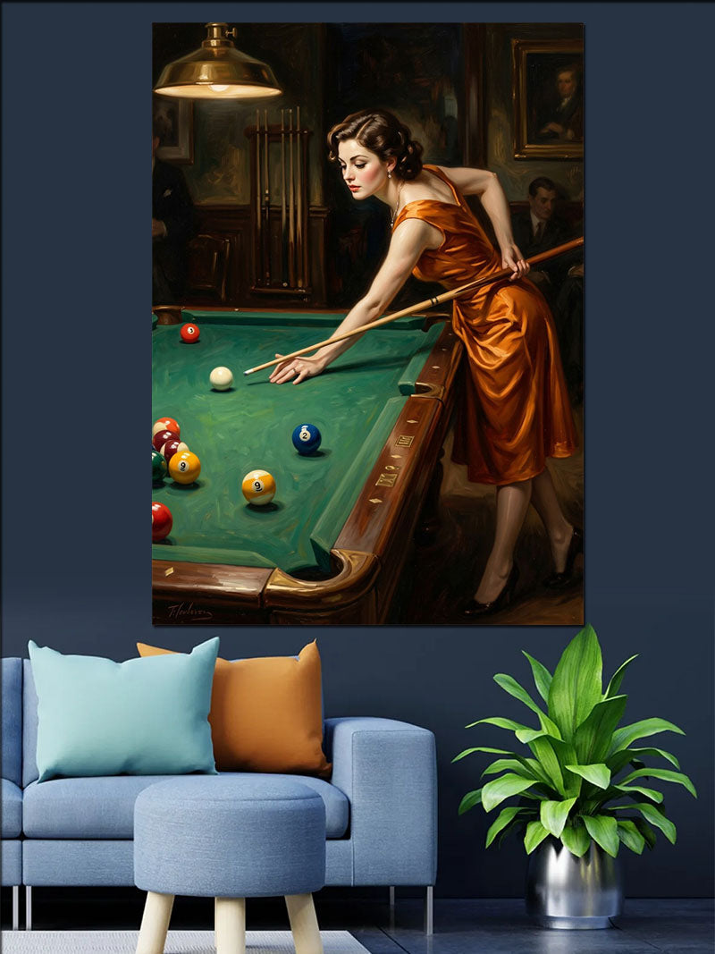 Bilardo Oynayan Turuncu Elbiseli Kadın Kanvas Tablo