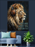 Kulaklıklı Aslan ve You Are What You Listen To Yazılı Kanvas Tablo