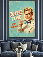 Coffee Time Have a Cup Sarışın Adam Retro Kanvas Tablo