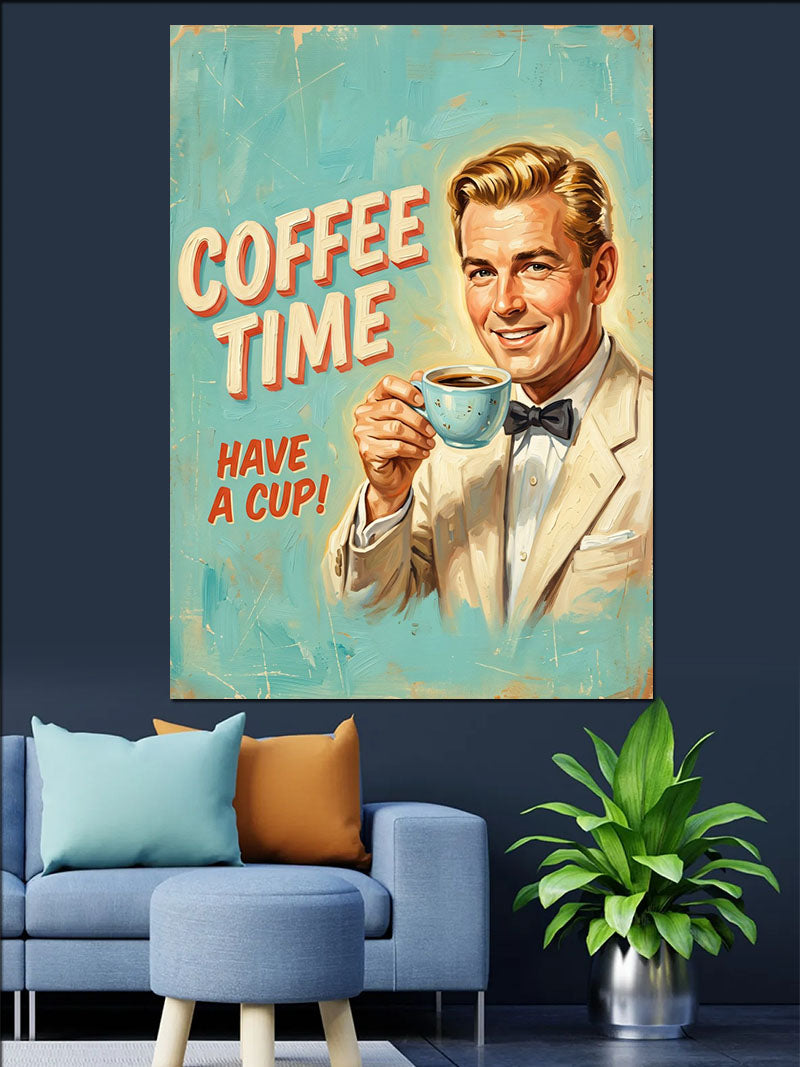 Coffee Time Have a Cup Sarışın Adam Retro Kanvas Tablo