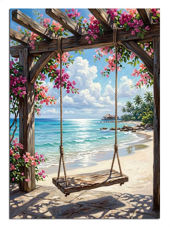 Deniz kenarı çiçekli pergola ve salıncaklı ve kumsal