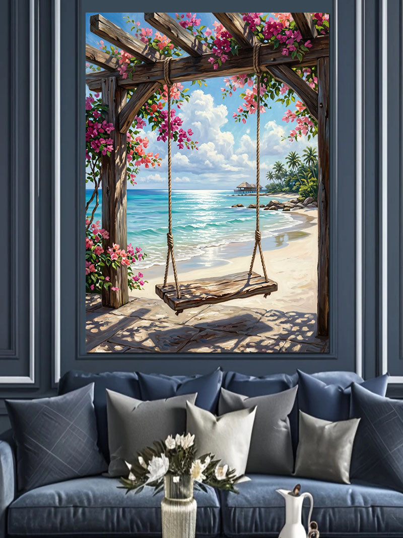 Deniz Kenarı Çiçekli Pergola ve Salıncaklı Kanvas Tablo