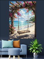 Deniz Kenarı Çiçekli Pergola ve Salıncaklı Kanvas Tablo