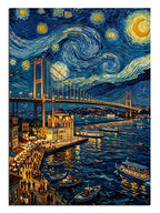 Van Gogh tarzı köprü ve Galata ve yıldızlı gece ve şehir