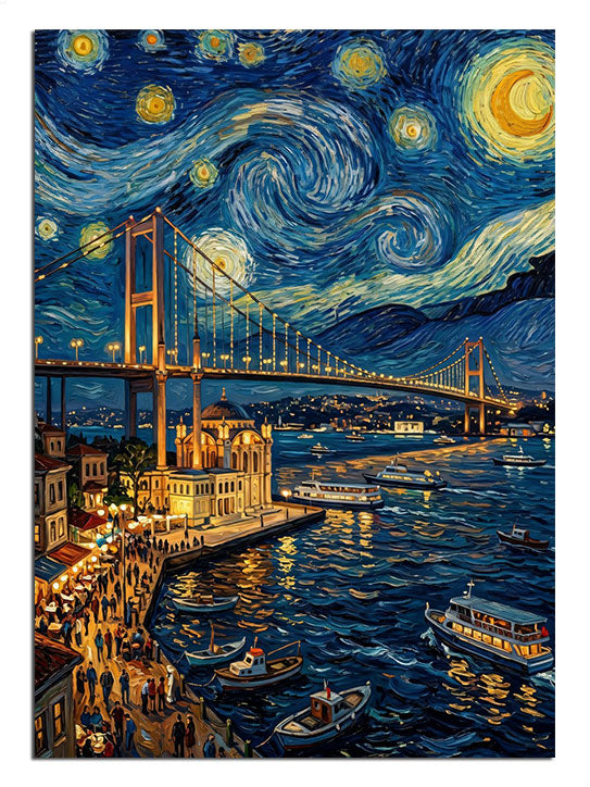 Van Gogh tarzı köprü ve Galata ve yıldızlı gece ve şehir