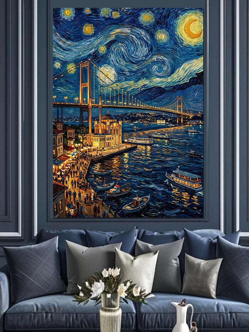 Van Gogh Tarzı Köprü ve Galata ve Yıldızlı Gece Kanvas Tablo