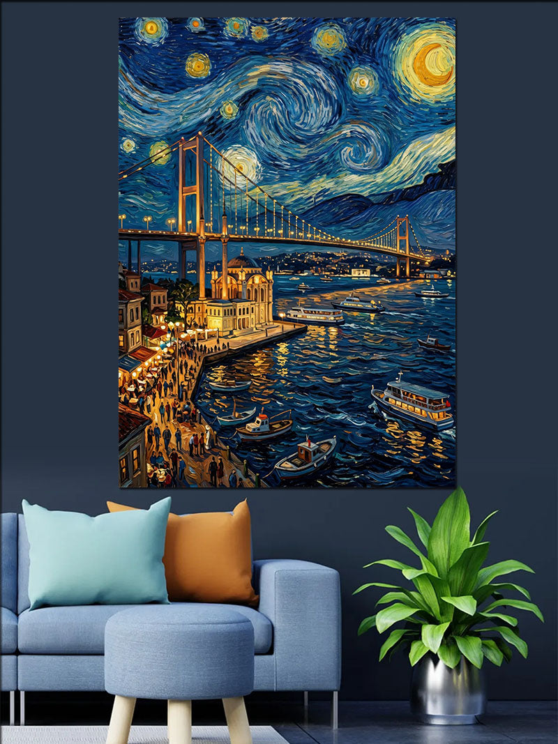 Van Gogh Tarzı Köprü ve Galata ve Yıldızlı Gece Kanvas Tablo