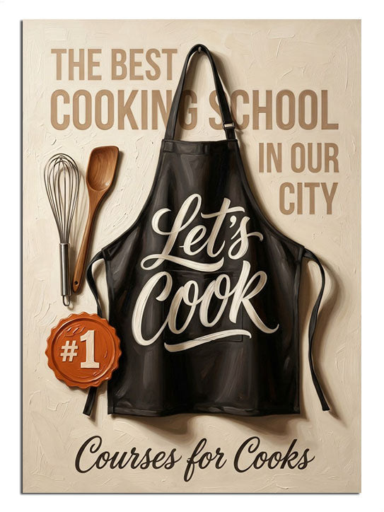 Let's Cook önlüklü ve aşçı araçlı mutfak posteri
