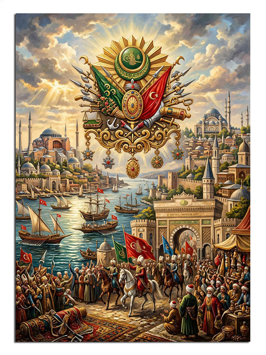 Osmanlı arması ve İstanbul fetih ve deniz ve kalabalık manzaralı