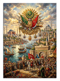 Osmanlı arması ve İstanbul fetih ve deniz ve kalabalık manzaralı