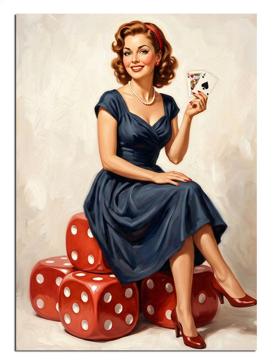 Zar üzerinde oturan mavi elbiseli ve iskambil kartlı pin-up kadın