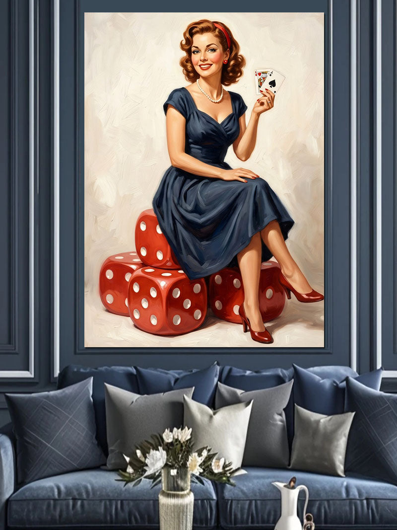 Zar Üzerinde Oturan Mavi Elbiseli Pin-up Kadın Kanvas Tablo