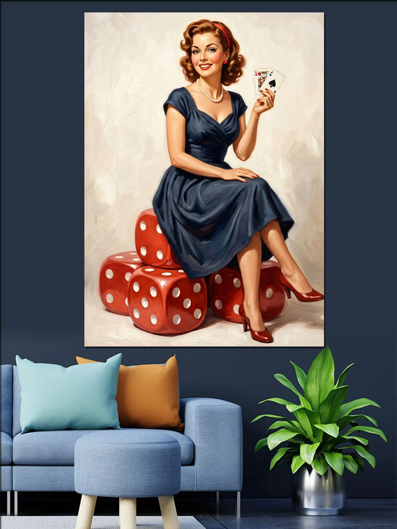 Zar Üzerinde Oturan Mavi Elbiseli Pin-up Kadın Kanvas Tablo