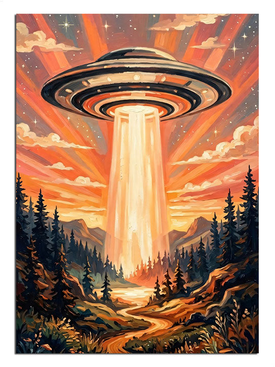 Orman üzerinde UFO ışınlı gün batımı